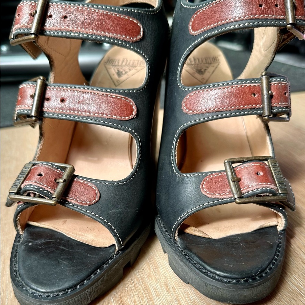 John Fluevog Black and Brown Buckle Sandals HI ANGEL MICHAELA
